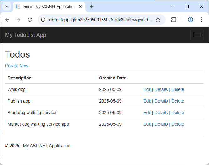 Screenshot that shows a published ASP.NET application in Azure App Service.