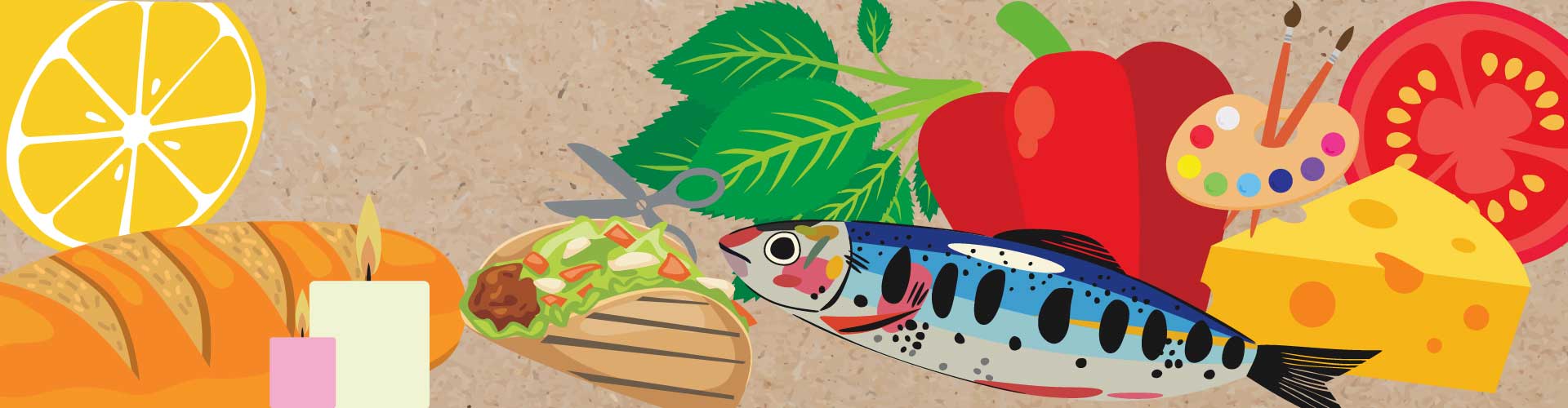 Illustration of markets produce including fish, cheese, bread, and taco.