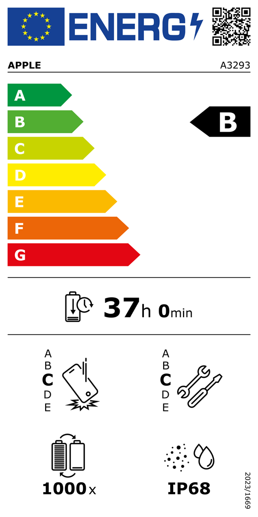 EU:n energiamerkinnän QR-koodi ja tiedot, Applen malli A3293, luokka B, energiatehokkuusluokat (asteikolla A–G), A (tehokkain) – G (vähiten tehokas), akun kestoaika lataussykliä kohti, 37 tuntia ja 0 minuuttia akun täyttä latausta kohti, toistuvien vapaapudotusten kestävyysluokka C, A (kestävin) – E (vähiten kestävä), korjattavuusluokka C, A (parhaiten korjattavissa) – E (vähiten korjattavissa), akun kesto käyttösykleinä: 1000, pöly- ja vesitiiviyden kotelointiluokka IP68, asetus 2023/1669