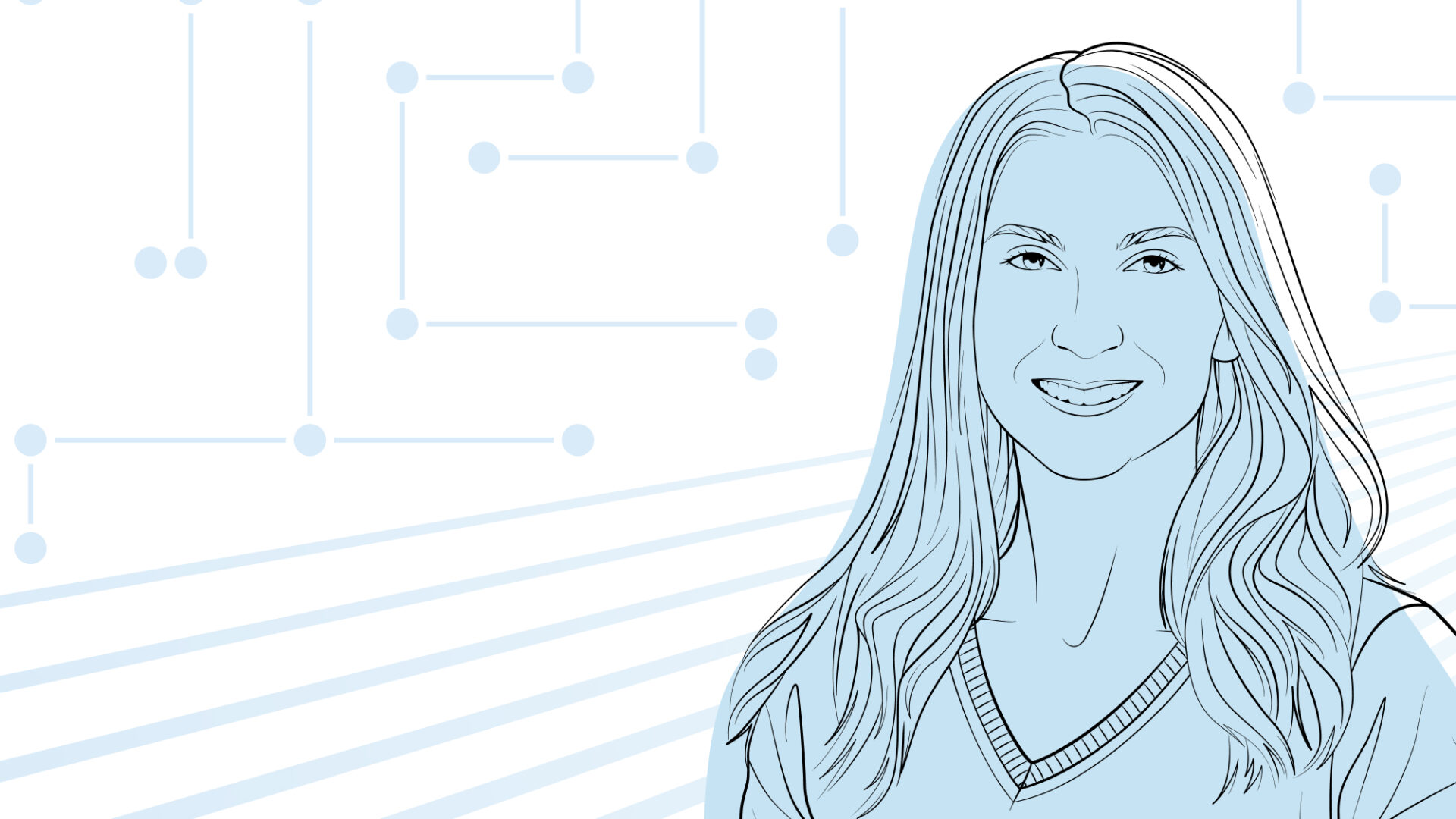 Illustrated headshot of Kathleen Sullivan with a pattern of light blue lines on a white background